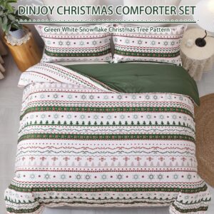 Dinjoy Christmas Comforter Set King Size, Green White Snowflake Christmas Tree Printed Pattern Holiday Bedding Set 3 Pieces, Soft Microfiber Xmas Holiday New Year Gift Bed Comforter 104" x 90"