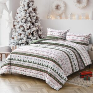 Dinjoy Christmas Comforter Set King Size, Green White Snowflake Christmas Tree Printed Pattern Holiday Bedding Set 3 Pieces, Soft Microfiber Xmas Holiday New Year Gift Bed Comforter 104" x 90"