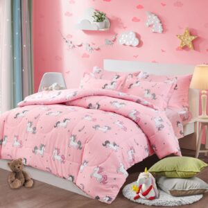 Uozzi Bedding Bed in a Bag 7 Pieces Queen Size Unicorn Pink with Rainbow Star - Soft Microfiber, Reversible Bed Comforter Set (1 Comforter, 2 Pillow Shams, 1 Flat Sheet, 1 Fitted Sheet, 2 Pillowcases)