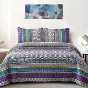 wongs bedding boho quilt set full size, purple bohemian 3 pieces quilt sets, lightweight summer bedspread coverlet bedding set for all season (90"x78")