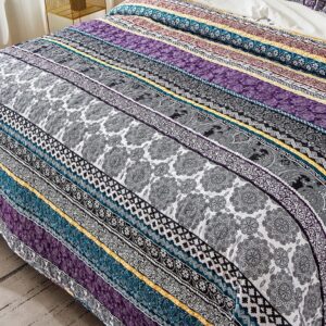 WONGS BEDDING Boho Quilt Set Full Size, Purple Bohemian 3 Pieces Quilt Sets, Lightweight Summer Bedspread Coverlet Bedding Set for All Season (90"x78")