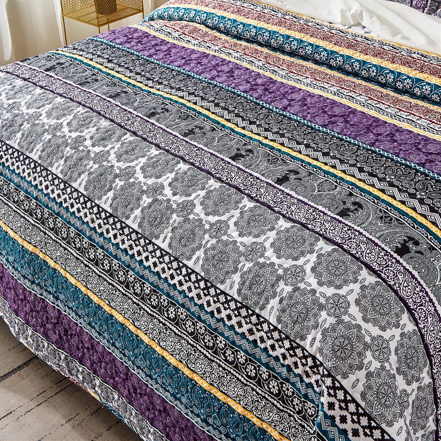 WONGS BEDDING Boho Quilt Set Full Size, Purple Bohemian 3 Pieces Quilt Sets, Lightweight Summer Bedspread Coverlet Bedding Set for All Season (90"x78")