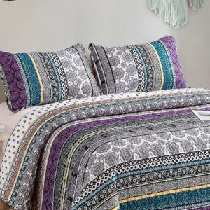 WONGS BEDDING Boho Quilt Set Full Size, Purple Bohemian 3 Pieces Quilt Sets, Lightweight Summer Bedspread Coverlet Bedding Set for All Season (90"x78")