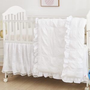 Brandream Neutral Nursery Crib Bedding White Seersucker Comforter Set Farmhouse Chic Baby Sheet Set, 3 Piece