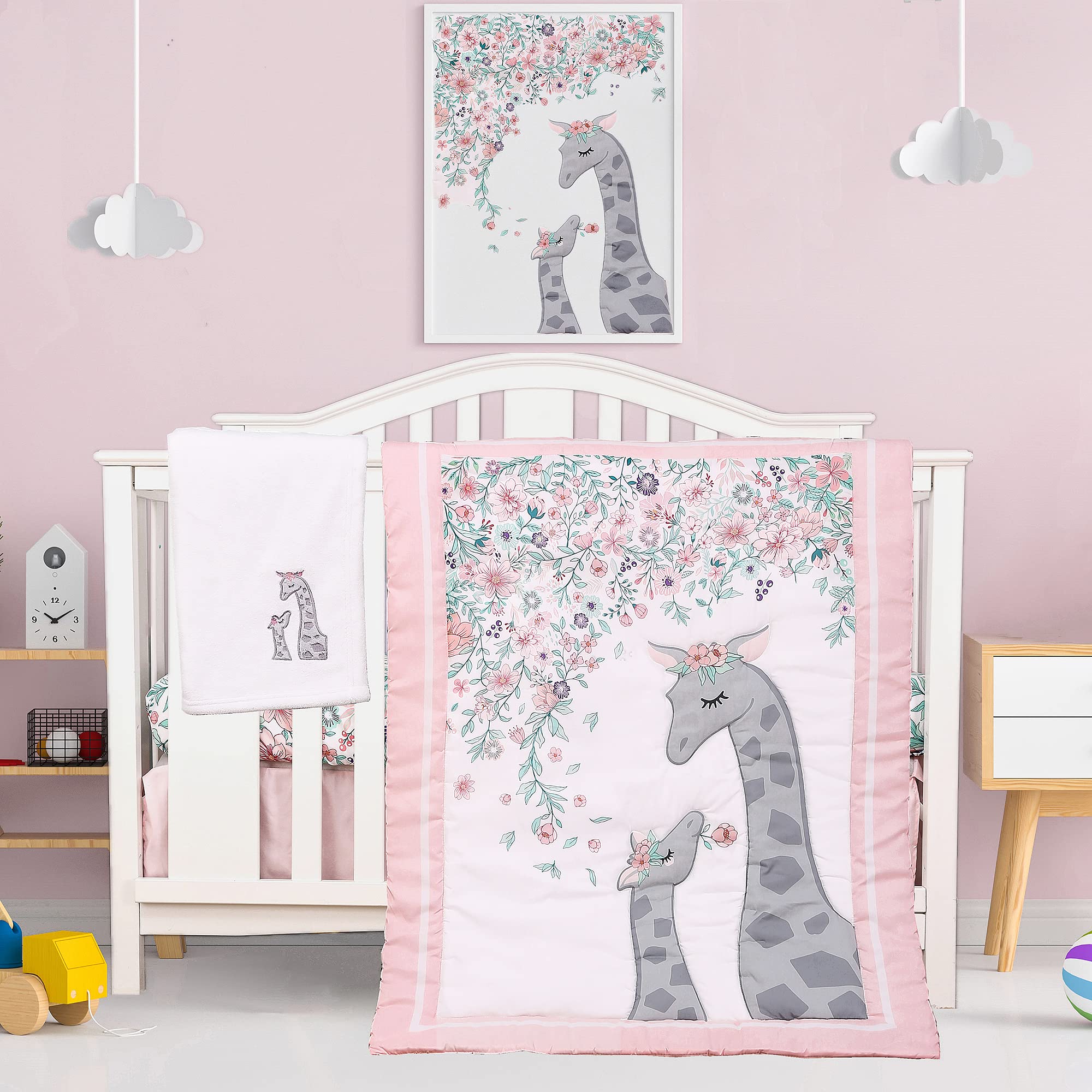 Jupeollon Crib Sets for Girls Giraffe Floral Baby Nursery Crib Bedding Set for Girl Toddler 4Piece Included Crib Comforter Fitted Sheet Crib Skirt Blanket Pink White