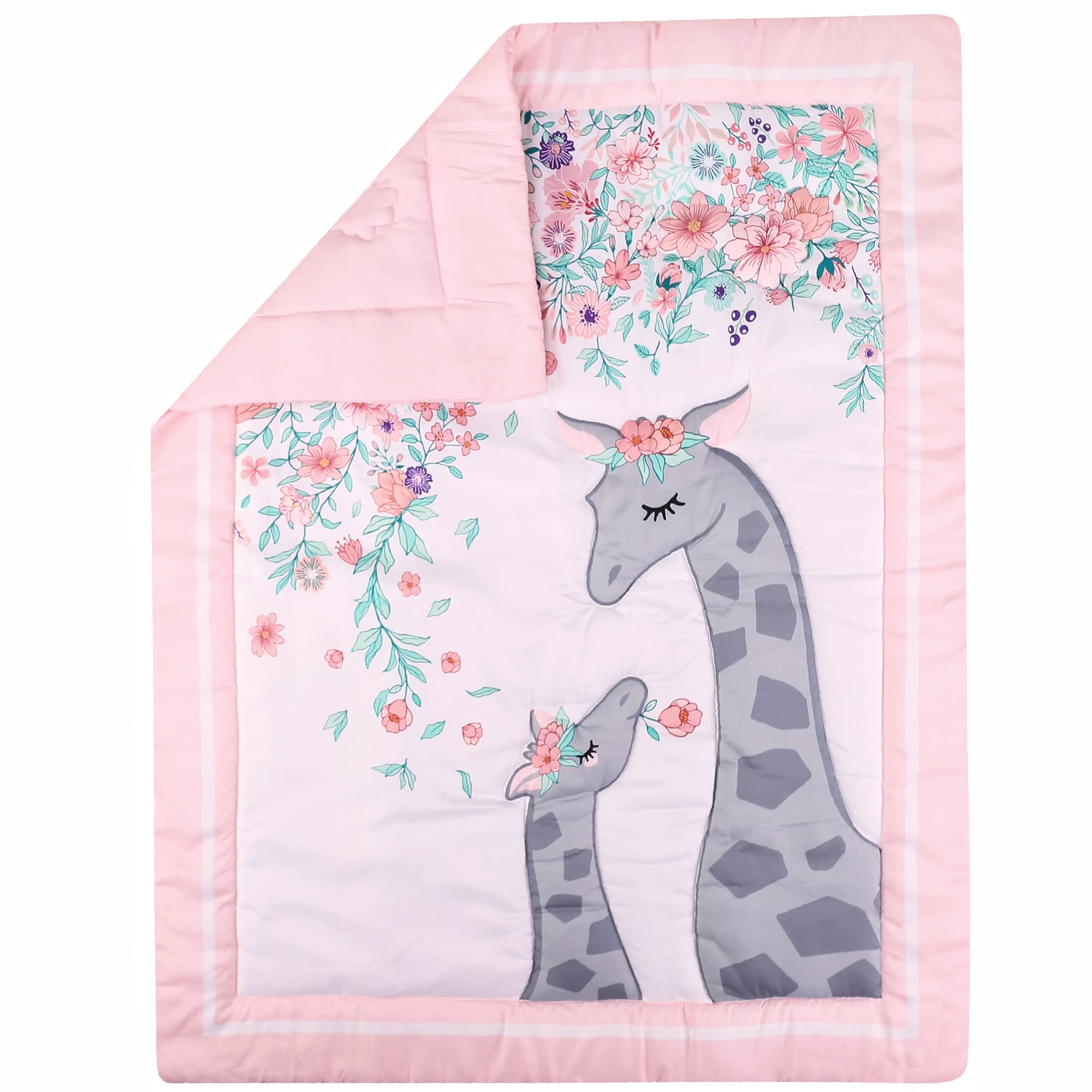 Jupeollon Crib Sets for Girls Giraffe Floral Baby Nursery Crib Bedding Set for Girl Toddler 4Piece Included Crib Comforter Fitted Sheet Crib Skirt Blanket Pink White