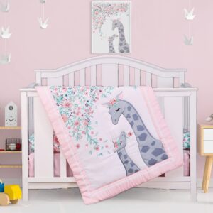 Jupeollon Crib Sets for Girls Giraffe Floral Baby Nursery Crib Bedding Set for Girl Toddler 4Piece Included Crib Comforter Fitted Sheet Crib Skirt Blanket Pink White