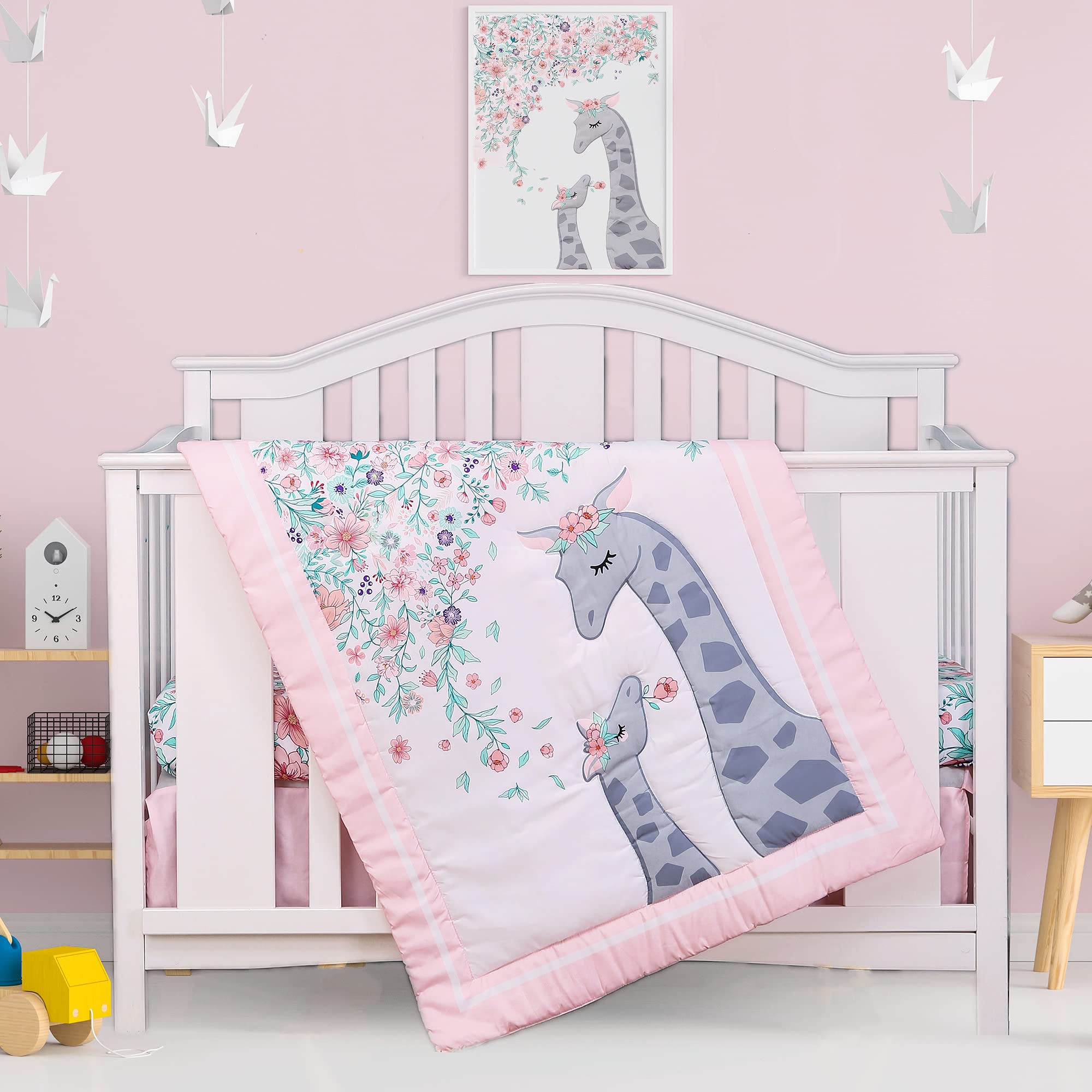 Jupeollon Crib Sets for Girls Giraffe Floral Baby Nursery Crib Bedding Set for Girl Toddler 4Piece Included Crib Comforter Fitted Sheet Crib Skirt Blanket Pink White