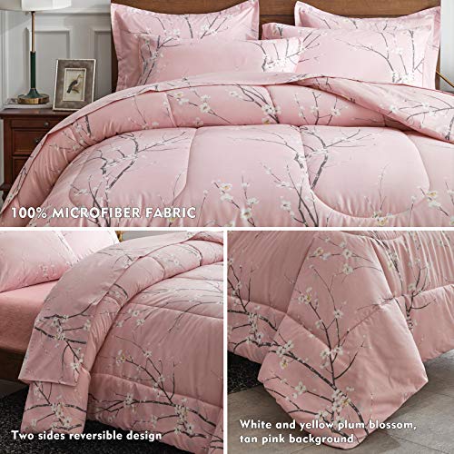 AIKASY Bed in a Bag 7 Pieces Queen Size - Floral Print - Soft Microfiber, Reversible Bed Comforter Set (1 Comforter, 2 Pillow Shams, 1 Flat Sheet, 1 Fitted Sheet, 2 Pillowcases)（Pink）