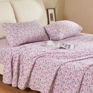 Twin Sheet Set 3PC Printed Pink Flower Pattern Cooling 1800 Microfiber with Deep Pocket, Soft, Breathable, Hypoallergenic, Wrinkle Free, Single Bedding for Kids, College Dorm, Hospital - (Rose Floral)