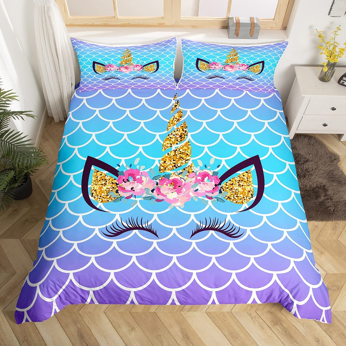 Unicorn Cute Eyelash Duvet Cover Set King Size,Mermaid Scale Glitter Sequins Bedding Set 3pcs for Kids Girls Woman Room Decor,Blue Gradient Princess Comforter Cover,Glamour Quilt Cover,2 Pillowcases