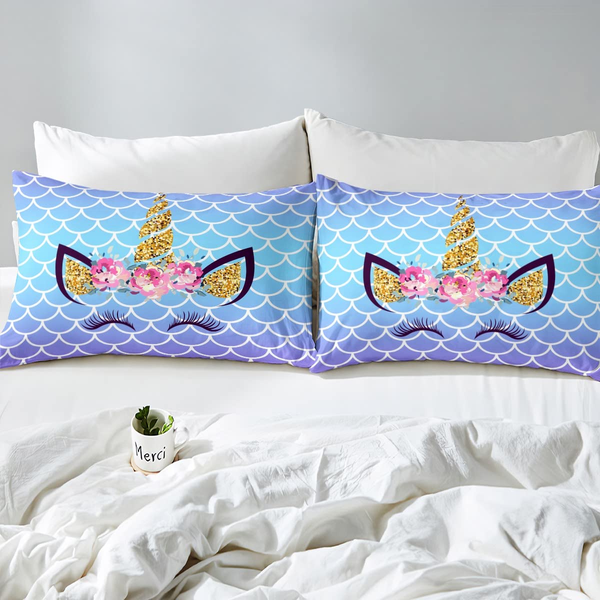 Unicorn Cute Eyelash Duvet Cover Set King Size,Mermaid Scale Glitter Sequins Bedding Set 3pcs for Kids Girls Woman Room Decor,Blue Gradient Princess Comforter Cover,Glamour Quilt Cover,2 Pillowcases