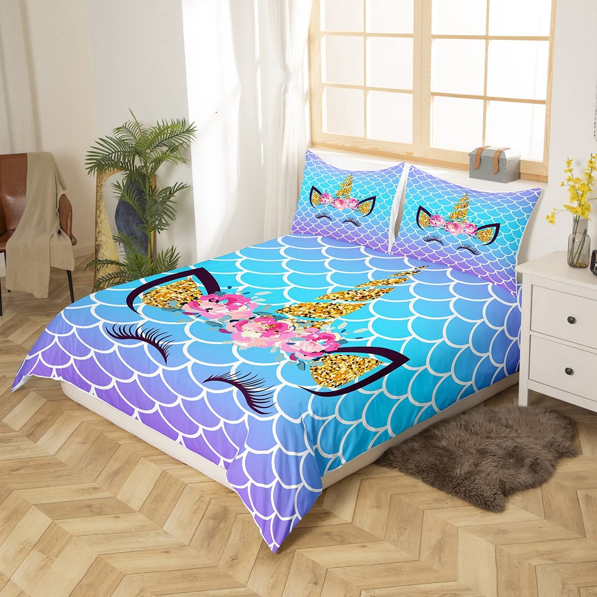 Unicorn Cute Eyelash Duvet Cover Set King Size,Mermaid Scale Glitter Sequins Bedding Set 3pcs for Kids Girls Woman Room Decor,Blue Gradient Princess Comforter Cover,Glamour Quilt Cover,2 Pillowcases