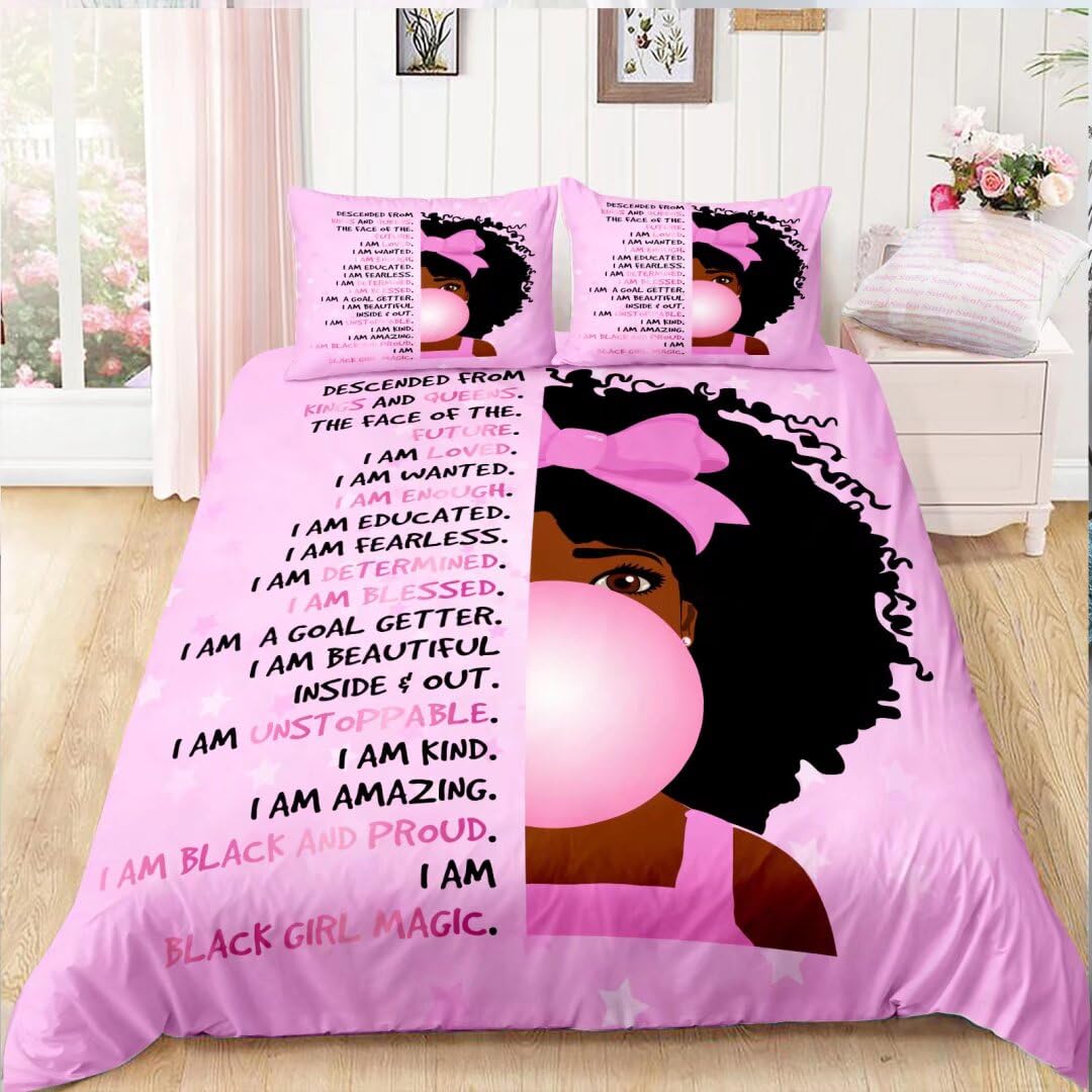 African American Black Girl Duvet Cover Set,Black Girl Magic Bedding Set Queen Size,Cute Little Afro Black Princess Bed Comforter Cover Sets,Girl Bedroom Room Decor(1 Duve Cover +2 Pillowcase）