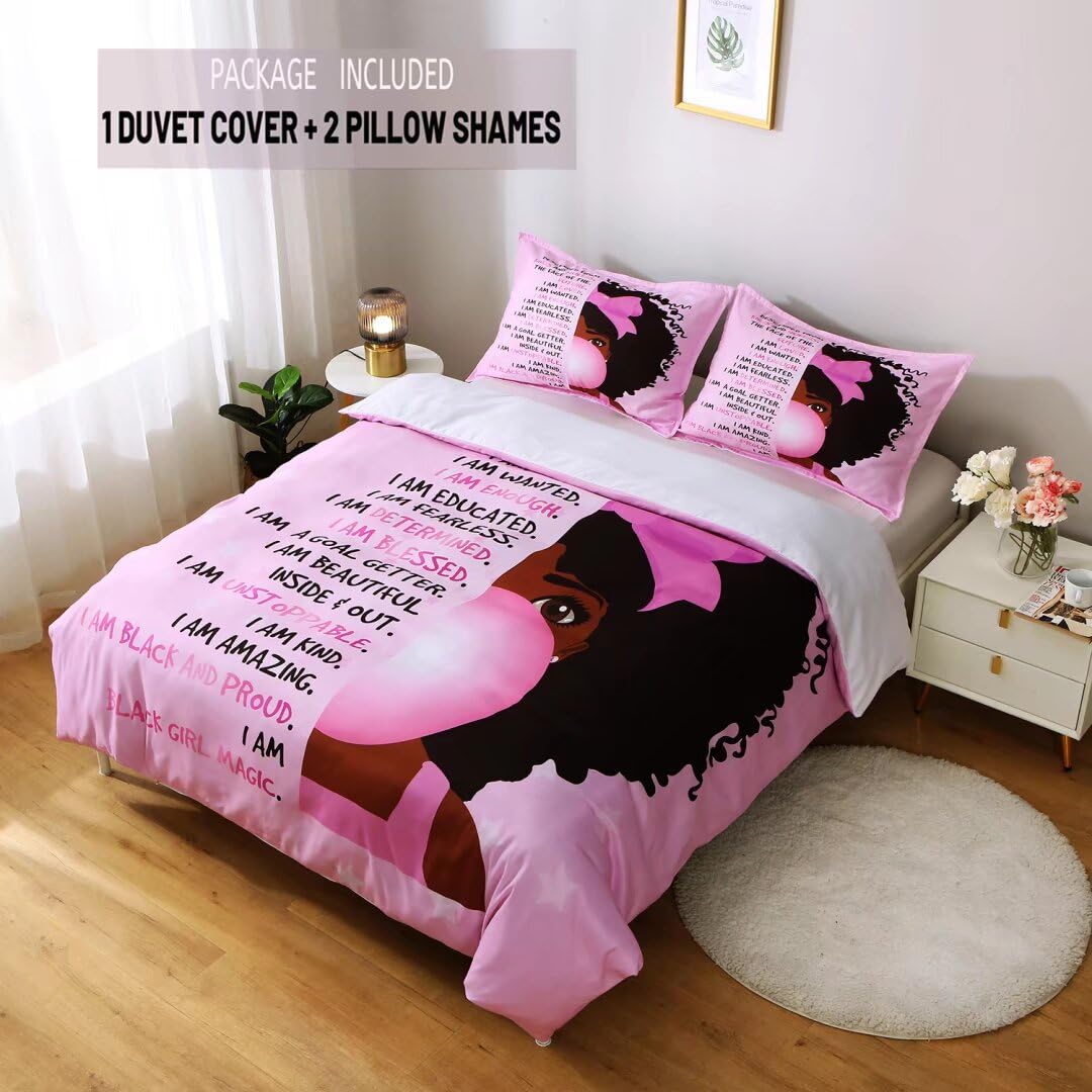 African American Black Girl Duvet Cover Set,Black Girl Magic Bedding Set Queen Size,Cute Little Afro Black Princess Bed Comforter Cover Sets,Girl Bedroom Room Decor(1 Duve Cover +2 Pillowcase）