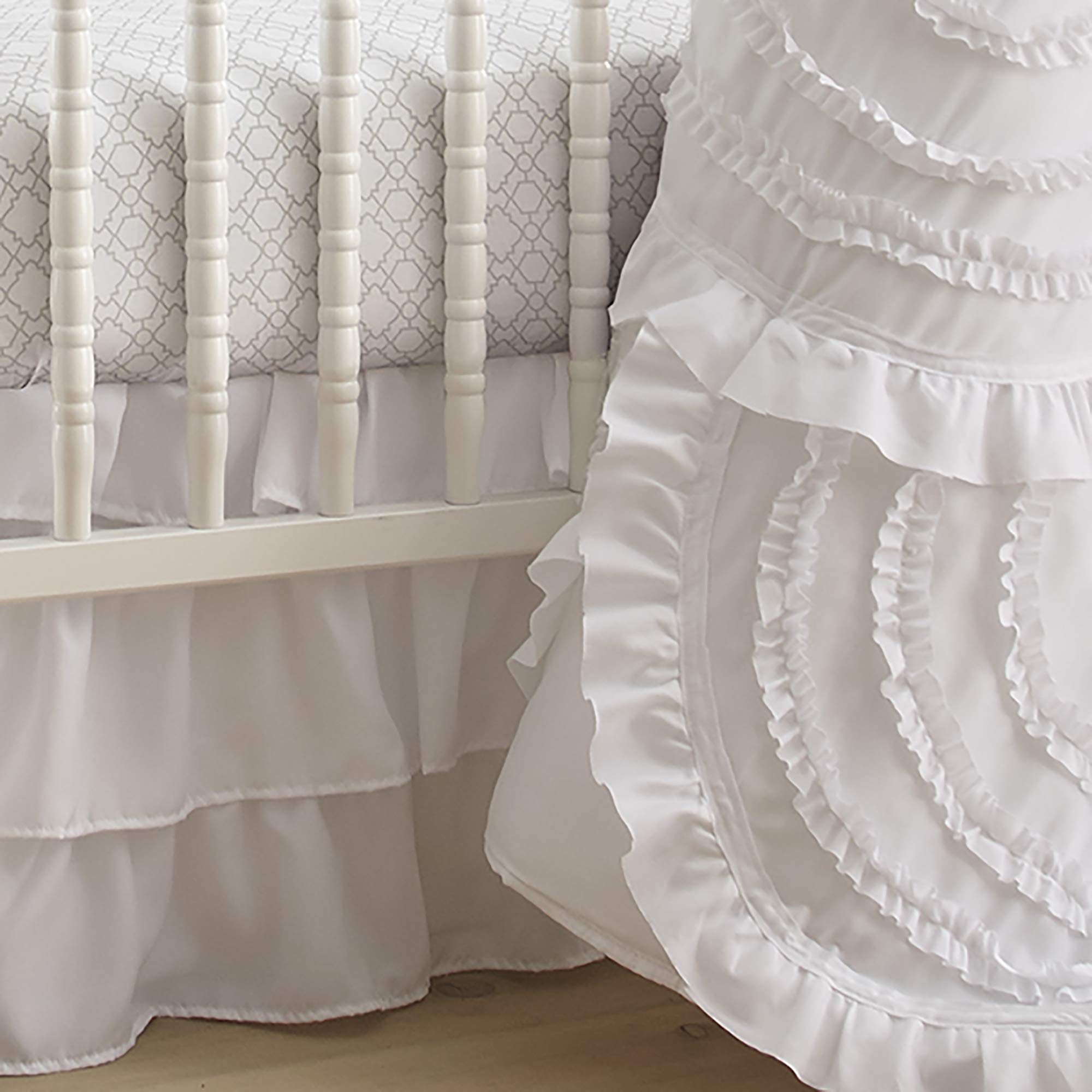 Levtex Baby - Skylar Crib Bed Set - Baby Nursery Set - White - Soft Cascading Ruffles - 4 Piece Set includes Quilt, Fitted Sheet, Wall Decal & Crib Skirt/Dust Ruffle