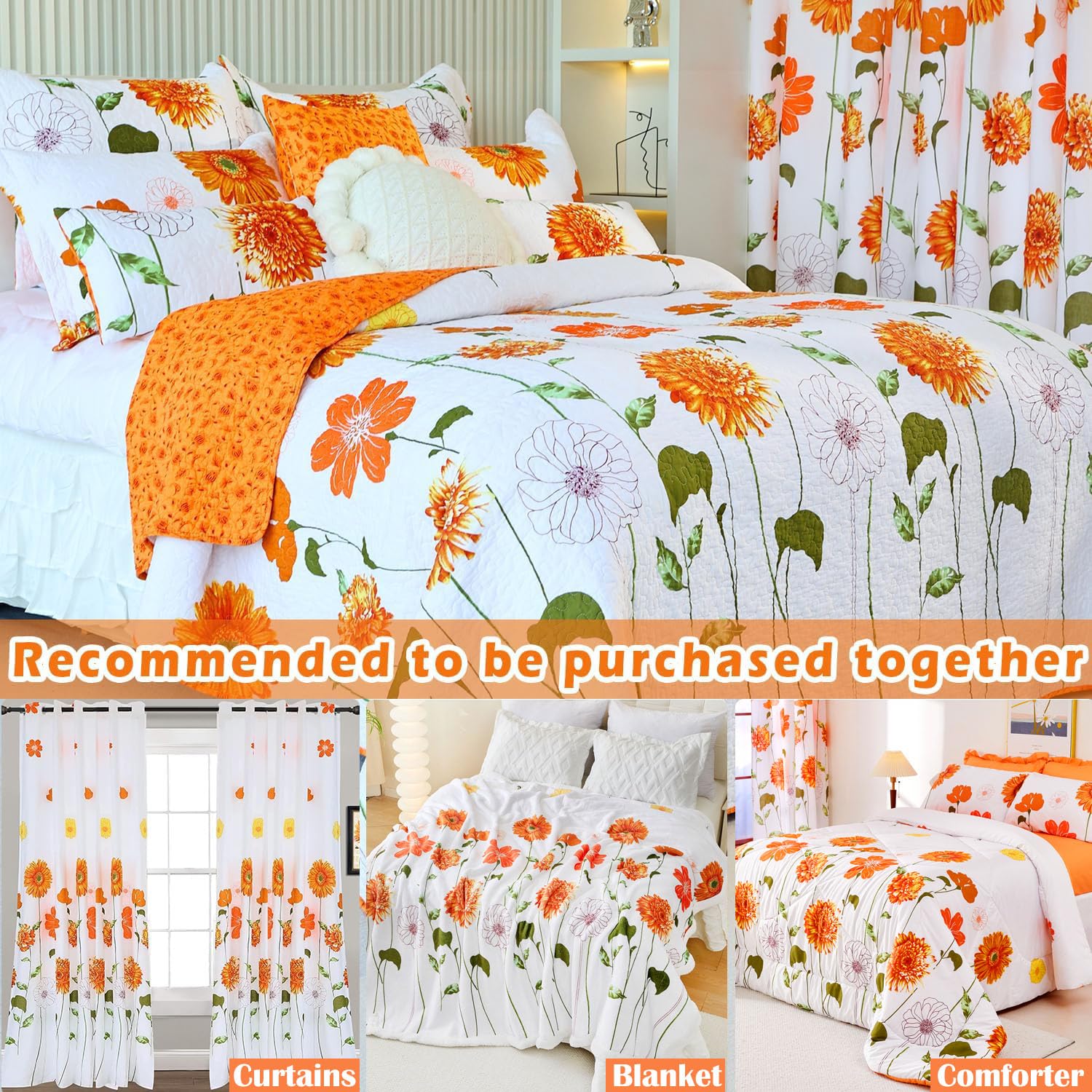 EVENHUG 100% Cotton Quilt Queen Size Orange Sunflower Bedding Set Floral Lightweight Quilt Reversible Coverlet Bedspread with 2 Pillow Shams All Seasons 3 Pieces (92"x96")