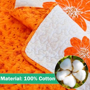 EVENHUG 100% Cotton Quilt Queen Size Orange Sunflower Bedding Set Floral Lightweight Quilt Reversible Coverlet Bedspread with 2 Pillow Shams All Seasons 3 Pieces (92"x96")