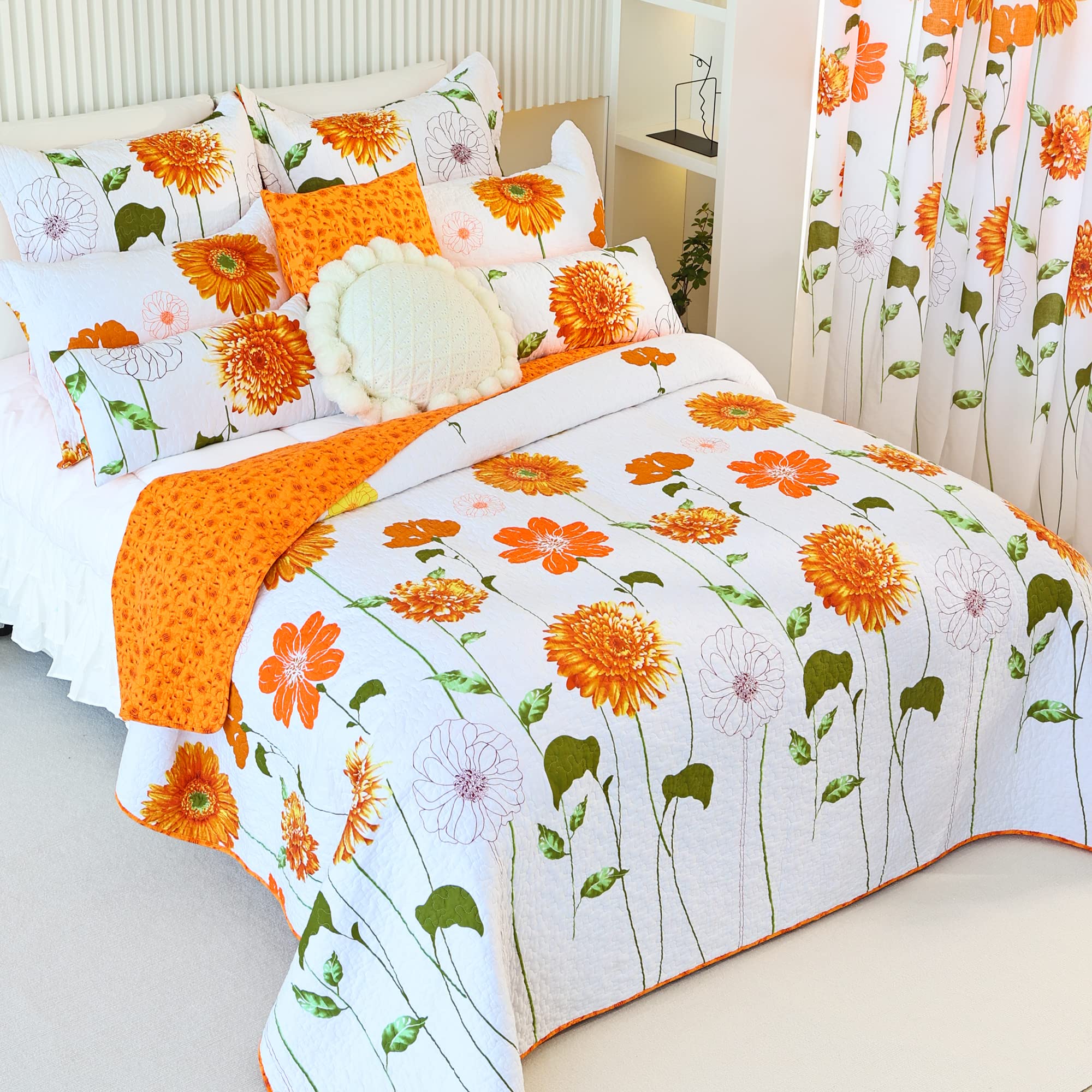 EVENHUG 100% Cotton Quilt Queen Size Orange Sunflower Bedding Set Floral Lightweight Quilt Reversible Coverlet Bedspread with 2 Pillow Shams All Seasons 3 Pieces (92"x96")