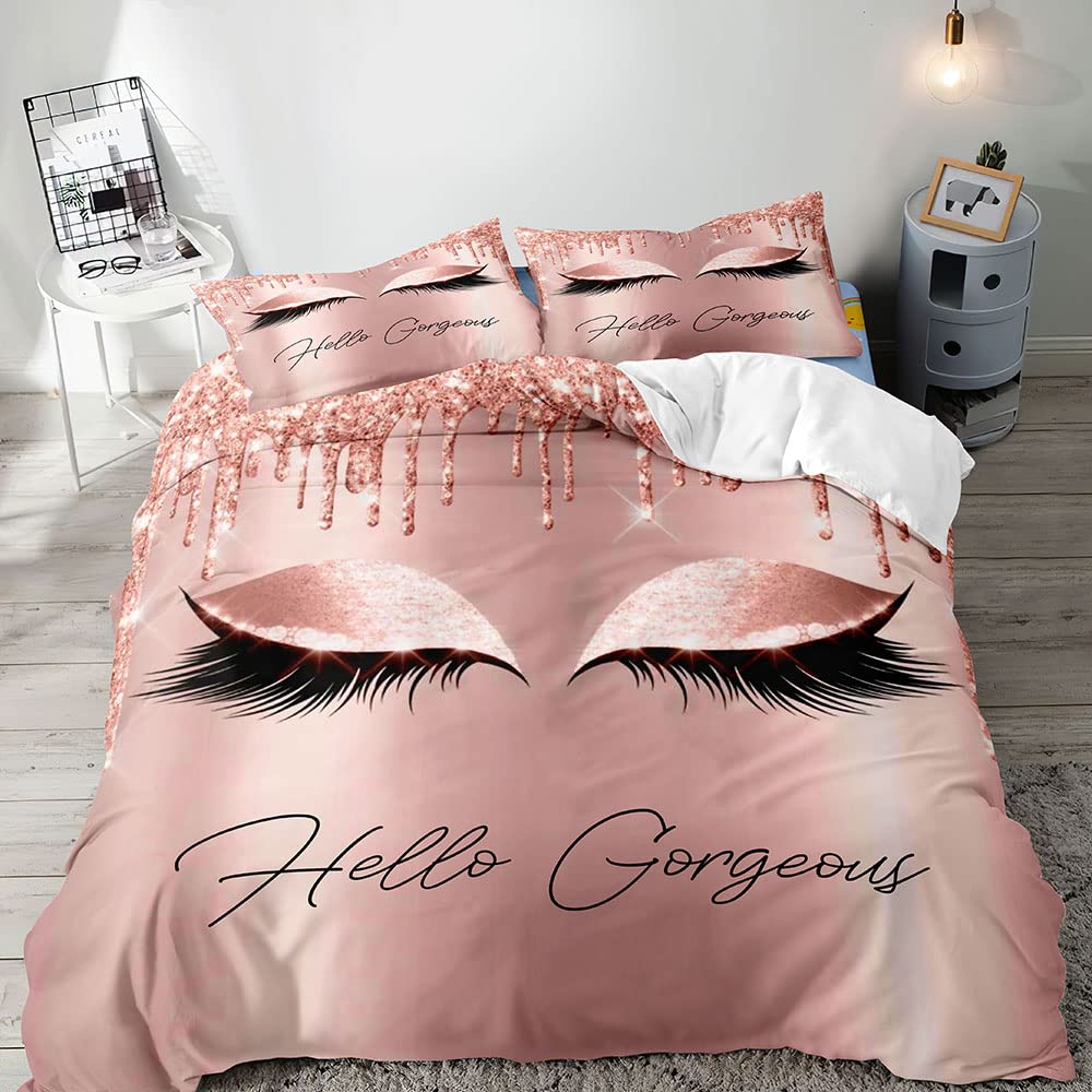 VIVIHOME 3PCS Hello Gorgeous Duvet Cover Queen Set, Luxury Rose Gold Glitter Bling Eyelash Makeup Glam Girly Fashion Bedding Set, Comforter Cover, Pink Bedroom Decor for Women Teen Girl, 2 Pillowcases