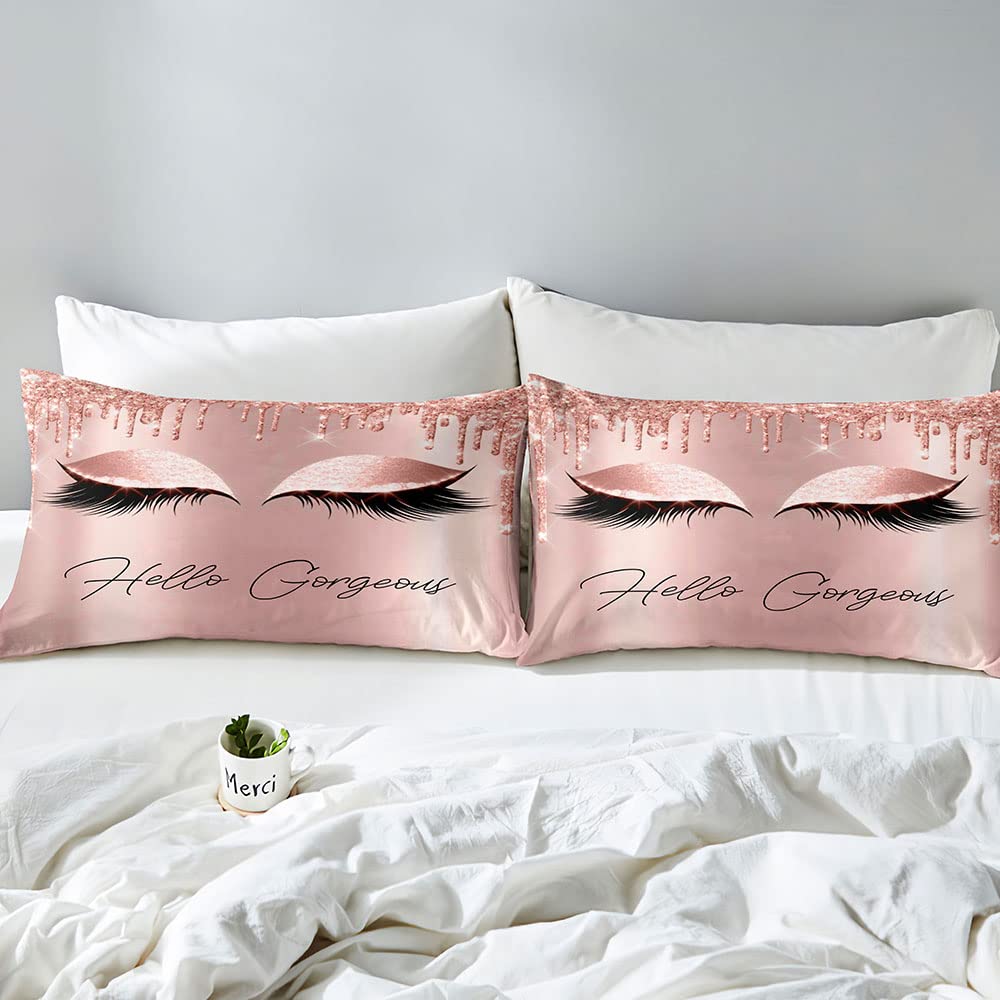 VIVIHOME 3PCS Hello Gorgeous Duvet Cover Queen Set, Luxury Rose Gold Glitter Bling Eyelash Makeup Glam Girly Fashion Bedding Set, Comforter Cover, Pink Bedroom Decor for Women Teen Girl, 2 Pillowcases