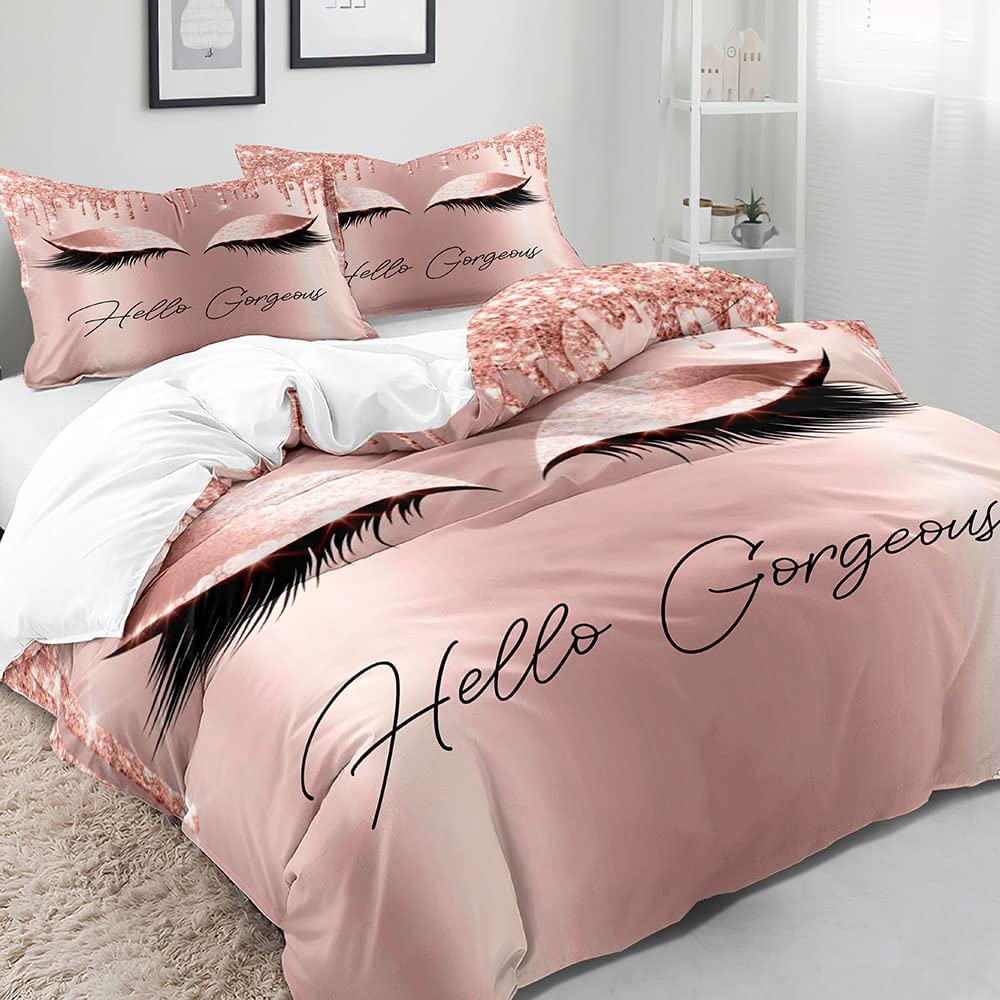 VIVIHOME 3PCS Hello Gorgeous Duvet Cover Queen Set, Luxury Rose Gold Glitter Bling Eyelash Makeup Glam Girly Fashion Bedding Set, Comforter Cover, Pink Bedroom Decor for Women Teen Girl, 2 Pillowcases