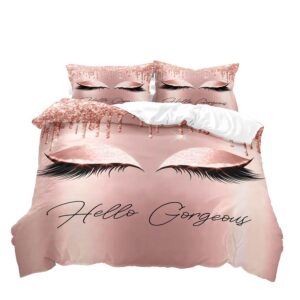 VIVIHOME 3PCS Hello Gorgeous Duvet Cover Queen Set, Luxury Rose Gold Glitter Bling Eyelash Makeup Glam Girly Fashion Bedding Set, Comforter Cover, Pink Bedroom Decor for Women Teen Girl, 2 Pillowcases