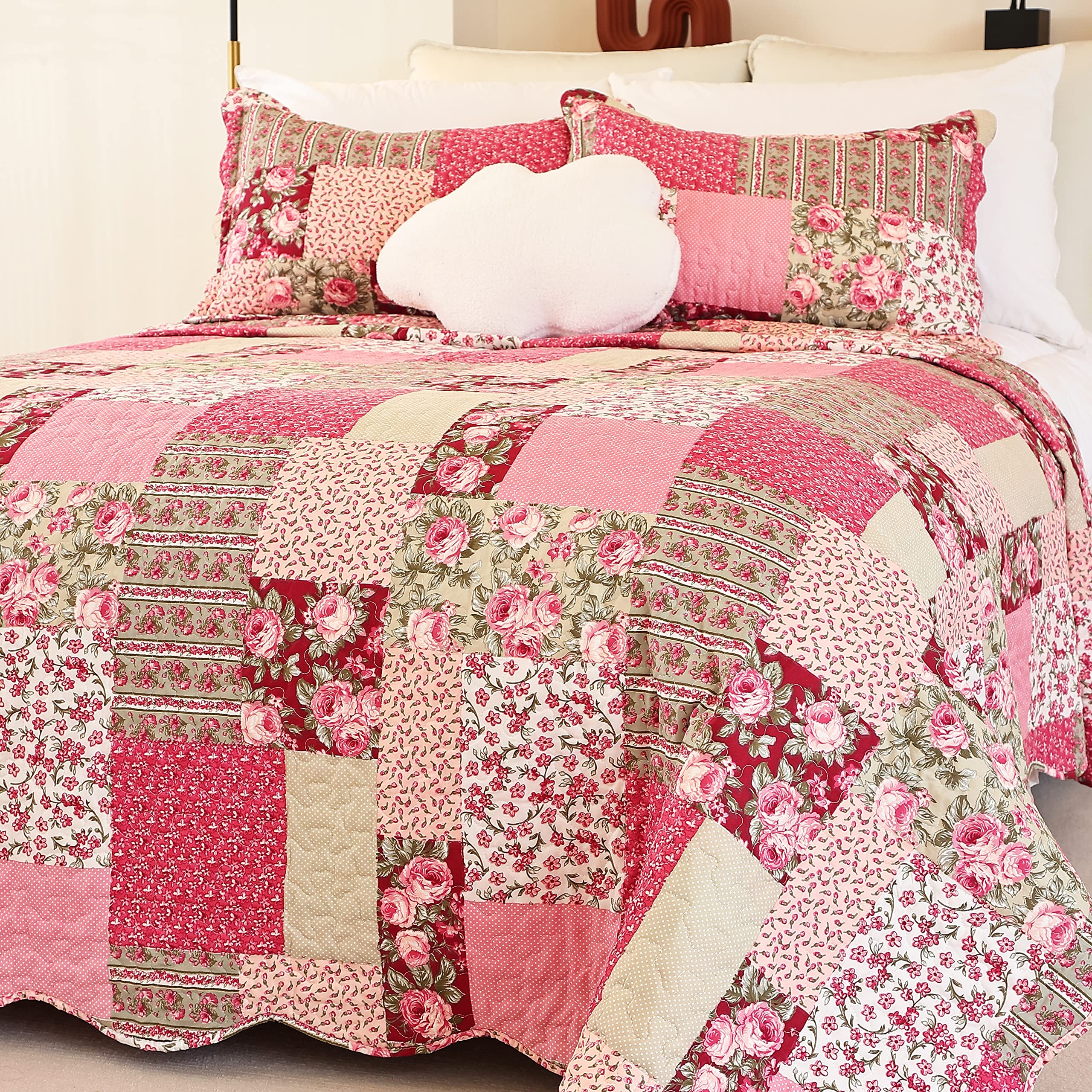 Cmfshape Summer Floral Queen Quilted Bedspread,Romantic Pink Quilt Set Full,Reversible Stitched Bedding Set All Season,Soft Lightweight Coverlet with Pillow Cases (Hot pink&Rose, Queen90 x90)