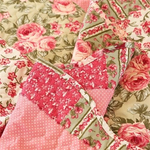 Cmfshape Summer Floral Queen Quilted Bedspread,Romantic Pink Quilt Set Full,Reversible Stitched Bedding Set All Season,Soft Lightweight Coverlet with Pillow Cases (Hot pink&Rose, Queen90 x90)