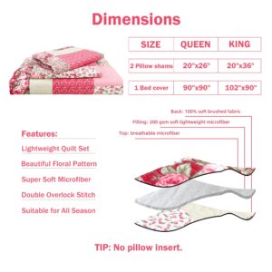 Cmfshape Summer Floral Queen Quilted Bedspread,Romantic Pink Quilt Set Full,Reversible Stitched Bedding Set All Season,Soft Lightweight Coverlet with Pillow Cases (Hot pink&Rose, Queen90 x90)