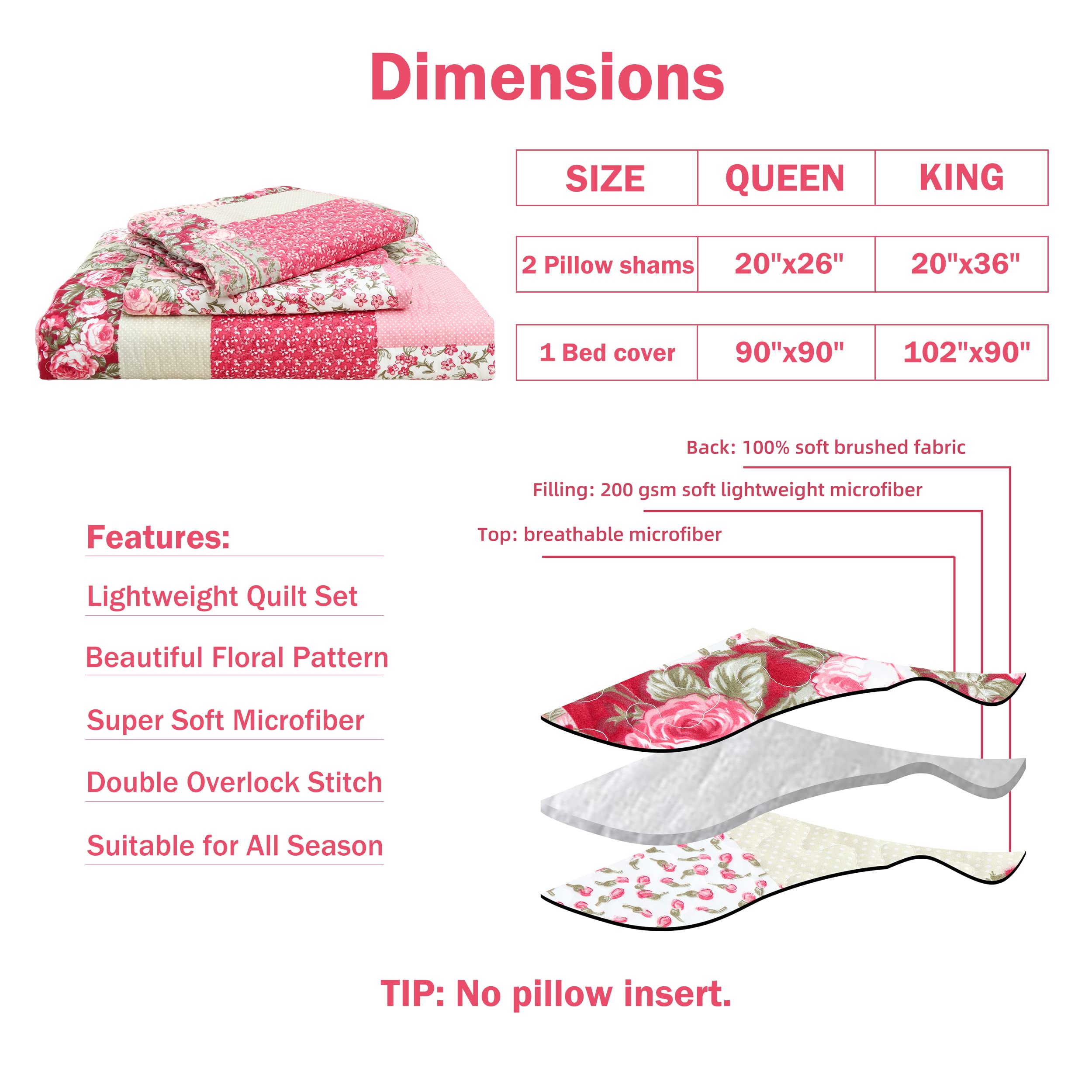 Cmfshape Summer Floral Queen Quilted Bedspread,Romantic Pink Quilt Set Full,Reversible Stitched Bedding Set All Season,Soft Lightweight Coverlet with Pillow Cases (Hot pink&Rose, Queen90 x90)