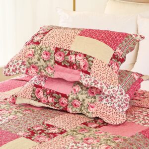 Cmfshape Summer Floral Queen Quilted Bedspread,Romantic Pink Quilt Set Full,Reversible Stitched Bedding Set All Season,Soft Lightweight Coverlet with Pillow Cases (Hot pink&Rose, Queen90 x90)