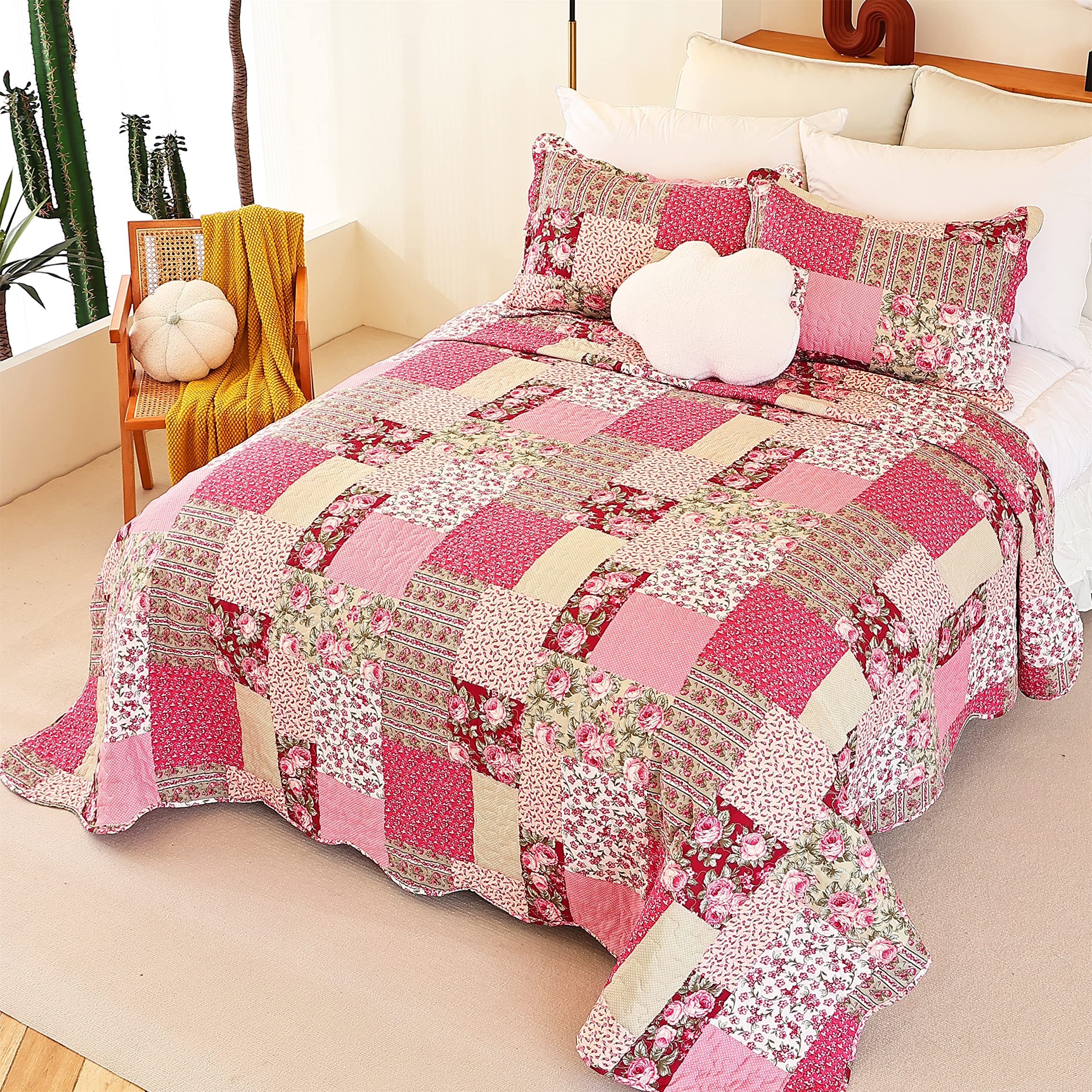 Cmfshape Summer Floral Queen Quilted Bedspread,Romantic Pink Quilt Set Full,Reversible Stitched Bedding Set All Season,Soft Lightweight Coverlet with Pillow Cases (Hot pink&Rose, Queen90 x90)