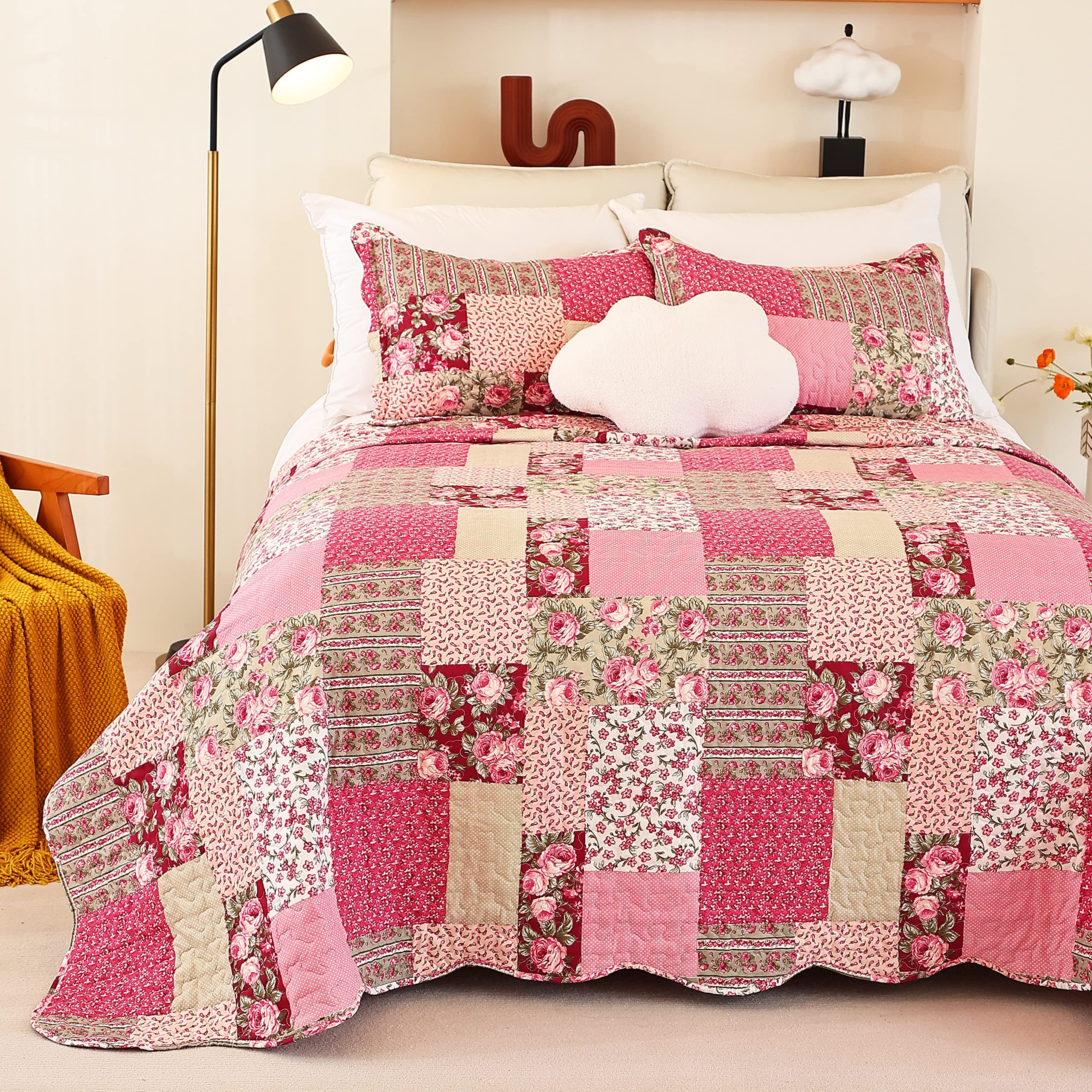 Cmfshape Summer Floral Queen Quilted Bedspread,Romantic Pink Quilt Set Full,Reversible Stitched Bedding Set All Season,Soft Lightweight Coverlet with Pillow Cases (Hot pink&Rose, Queen90 x90)