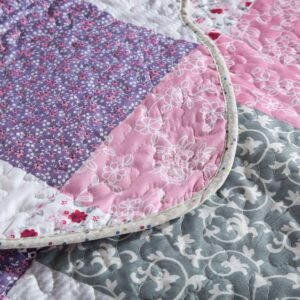 HoneiLife Quilt Set Queen Size - 3 Piece Microfiber Reversible Bedspreads Patchwork Coverlets Floral Bedding Set All Season Quilts with Geometric and Little Rose Print Pattern