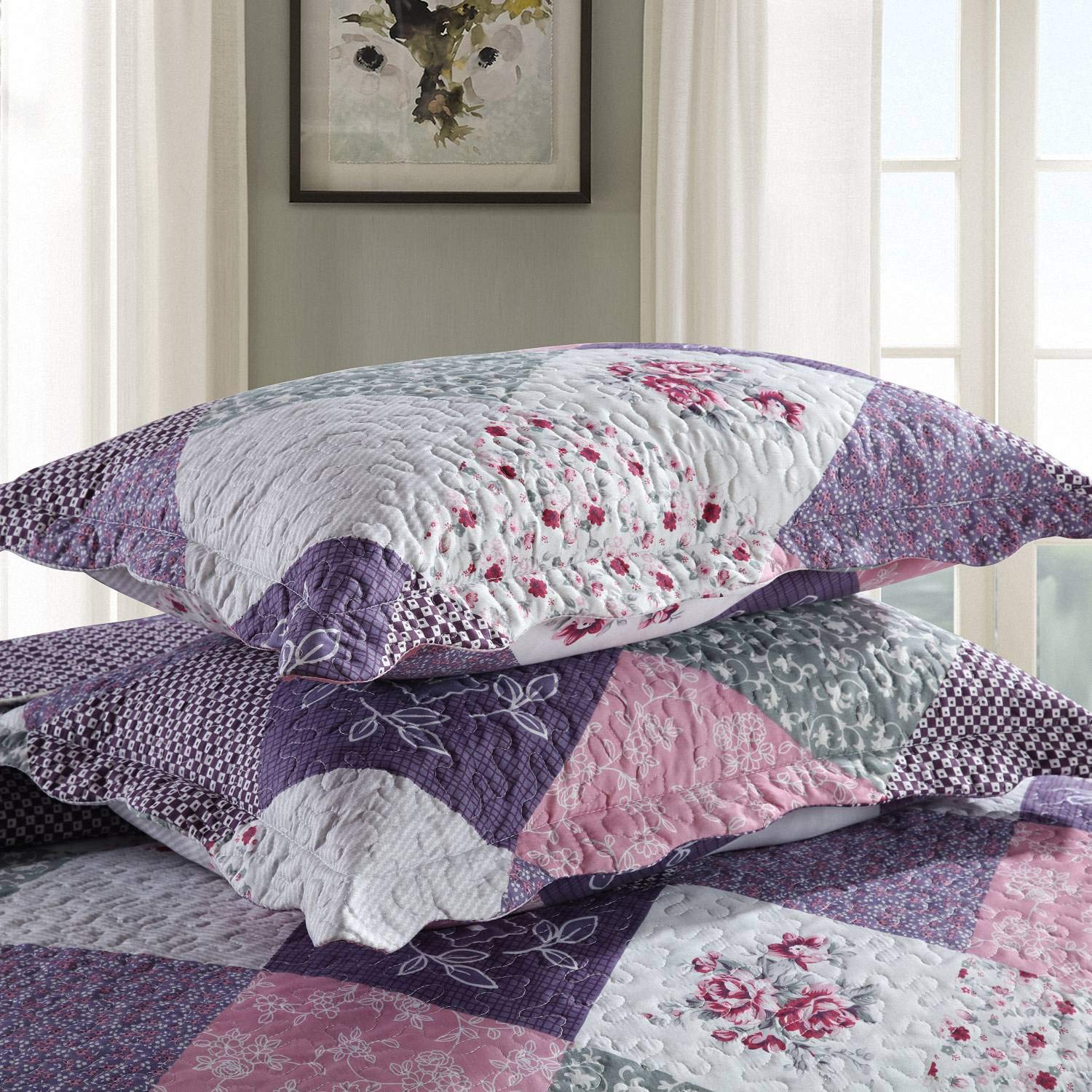 HoneiLife Quilt Set Queen Size - 3 Piece Microfiber Reversible Bedspreads Patchwork Coverlets Floral Bedding Set All Season Quilts with Geometric and Little Rose Print Pattern