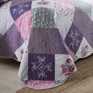 HoneiLife Quilt Set Queen Size - 3 Piece Microfiber Reversible Bedspreads Patchwork Coverlets Floral Bedding Set All Season Quilts with Geometric and Little Rose Print Pattern