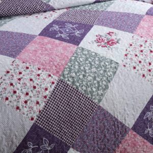 HoneiLife Quilt Set Queen Size - 3 Piece Microfiber Reversible Bedspreads Patchwork Coverlets Floral Bedding Set All Season Quilts with Geometric and Little Rose Print Pattern