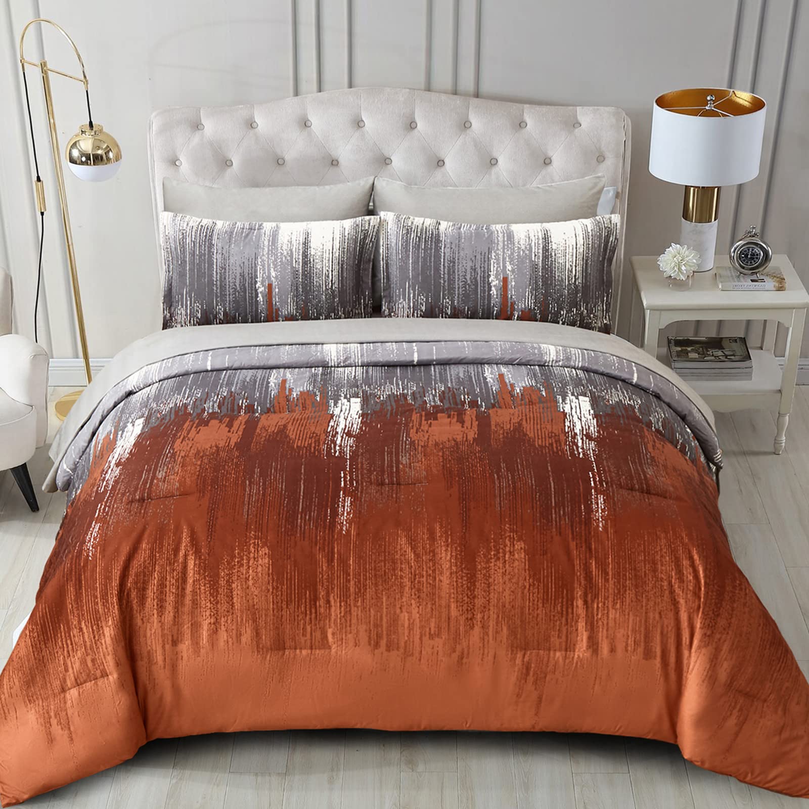 WONGS BEDDING Burnt Orange Comforter Set King, 7 Pieces Bed in a Bag Abstract Art Gradient Soft Microfiber Fall Terracotta Bedding - Comforter, Flat Sheet, Fitted Sheet, Pillow Shams,Pillowcases