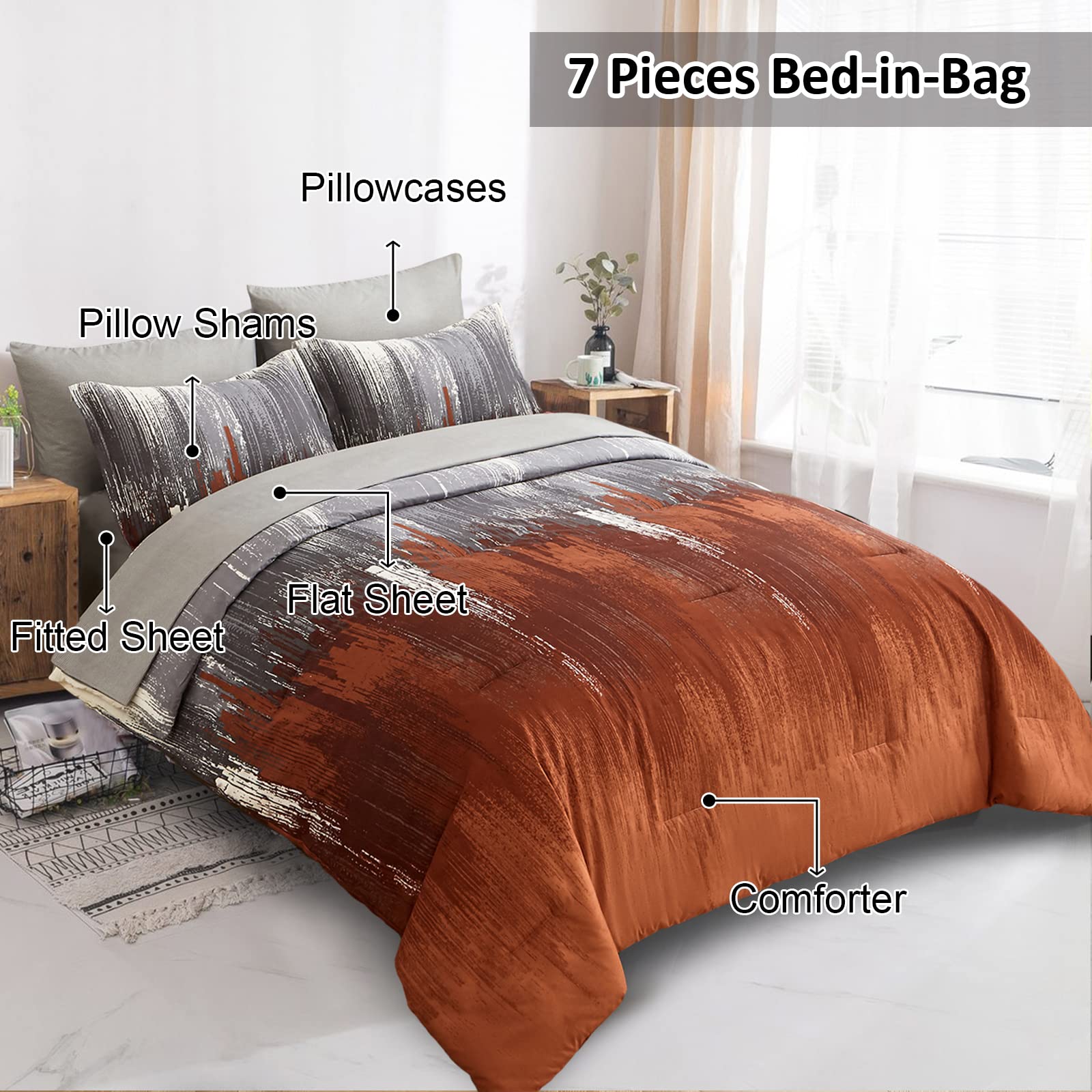 WONGS BEDDING Burnt Orange Comforter Set King, 7 Pieces Bed in a Bag Abstract Art Gradient Soft Microfiber Fall Terracotta Bedding - Comforter, Flat Sheet, Fitted Sheet, Pillow Shams,Pillowcases