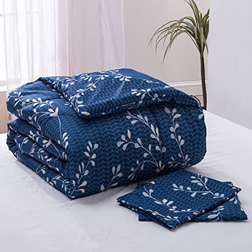 Exclusivo Mezcla 3-Piece Queen Comforter Set, Microfiber Bedding Down Alternative Comforter for All Seasons with 2 Pillow Shams, Floral Pattern, Navy