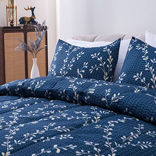 Exclusivo Mezcla 3-Piece Queen Comforter Set, Microfiber Bedding Down Alternative Comforter for All Seasons with 2 Pillow Shams, Floral Pattern, Navy