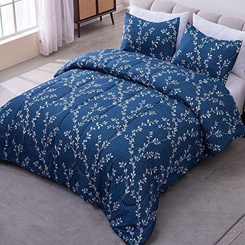 Exclusivo Mezcla 3-Piece Queen Comforter Set, Microfiber Bedding Down Alternative Comforter for All Seasons with 2 Pillow Shams, Floral Pattern, Navy