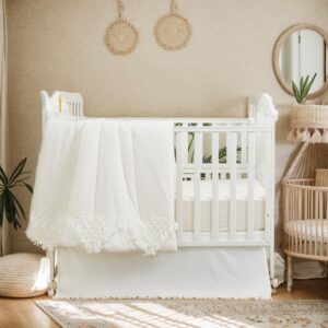 brandream gender neutral boho bohemian baby girl boy nursery crib bedding set 3 pieces solid white farmhouse chic unisex minimalist tassel fringe macrame cozy 100% washed cotton