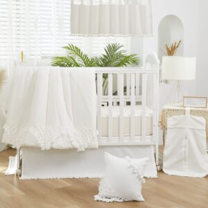 Brandream Gender Neutral Boho Bohemian Baby Girl Boy Nursery Crib Bedding Set 3 Pieces Solid White Farmhouse Chic Unisex Minimalist Tassel Fringe Macrame Cozy 100% Washed Cotton