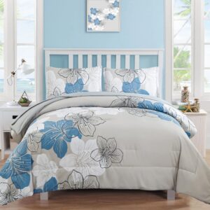 luxudecor floral comforter set queen size, blue floral comforter and sheet set, 7 pieces bed in a bag soft microfiber complete bedding sets for all seasons 90"×90"