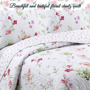 Cozy Line Home Fashions Light Pink Blue Flower Bloom Floral Garden Reversible Quilt Bedding Set, Coverlet Bedspread Lightweight for All Seasons (Carlotta, Queen - 3 Piece)