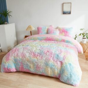 MEGO Rainbow Fluffy Plush Duvet Cover Set, Tie Dye Print Faux Fur Comforter Cover, Soft Multicolor gy Bedding Set for Teens Kids Girls&Boys 1 Fuzzy Duvet Cover + 2 Furry Pillowcases, King Size