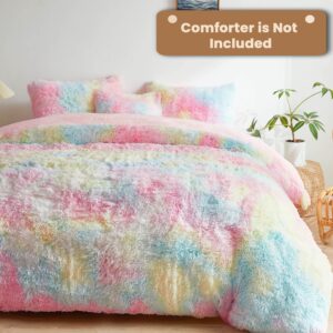 MEGO Rainbow Fluffy Plush Duvet Cover Set, Tie Dye Print Faux Fur Comforter Cover, Soft Multicolor gy Bedding Set for Teens Kids Girls&Boys 1 Fuzzy Duvet Cover + 2 Furry Pillowcases, King Size