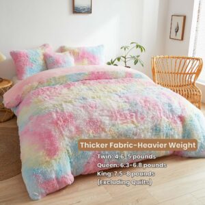 MEGO Rainbow Fluffy Plush Duvet Cover Set, Tie Dye Print Faux Fur Comforter Cover, Soft Multicolor gy Bedding Set for Teens Kids Girls&Boys 1 Fuzzy Duvet Cover + 2 Furry Pillowcases, King Size